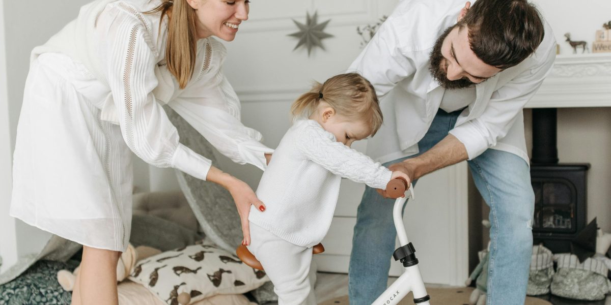 A happy family with a child and a pet enjoying their comfortable home.