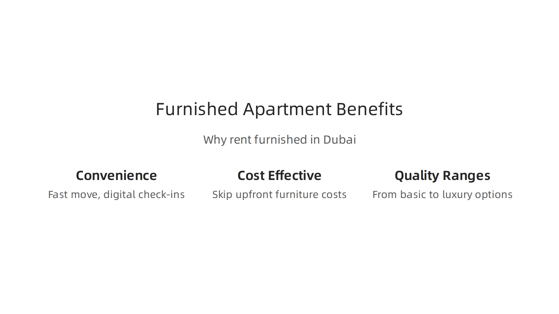 This infographic illustrates the key advantages of choosing a furnished apartment in Dubai, focusing on convenience, cost-effectiveness, and quality options.