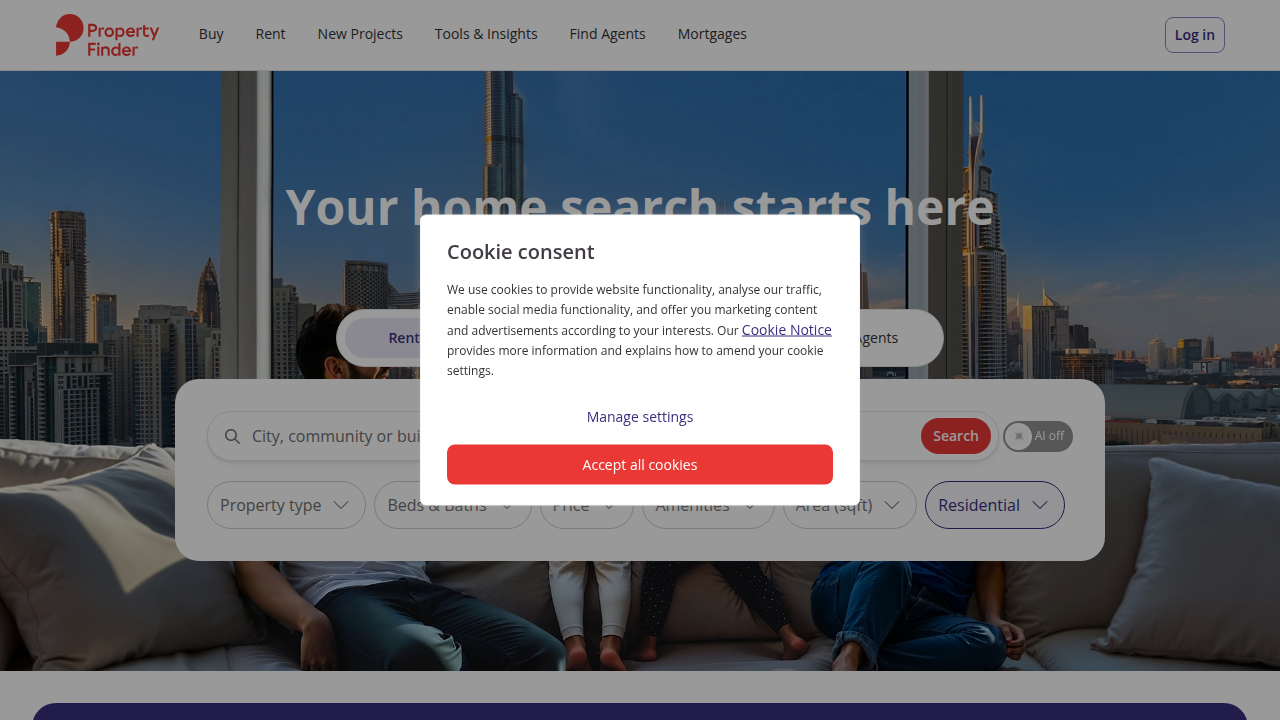 Screenshot of Property Finder's homepage, a leading platform for finding furnished apartments in Dubai. Shows search features and property listings.