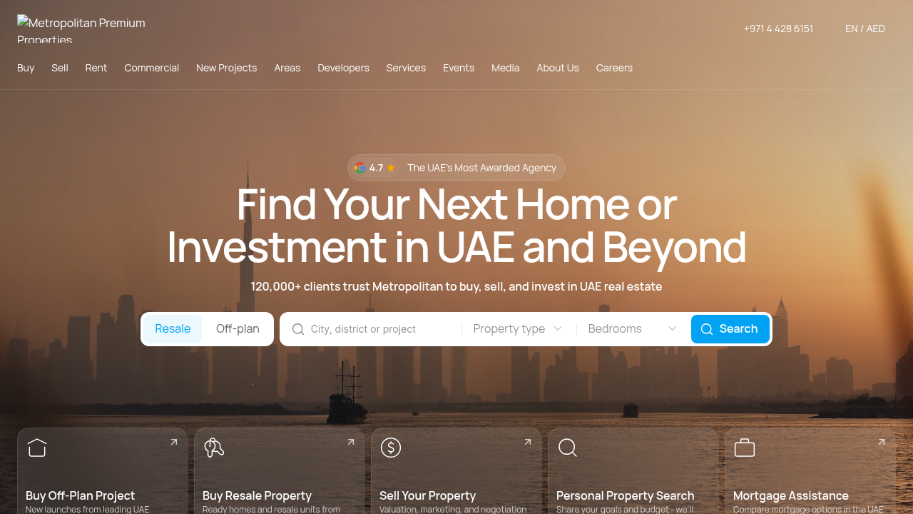 Screenshot of Metropolitan Premium Properties' website, an agency offering insights and services for Dubai real estate, including rental guides.