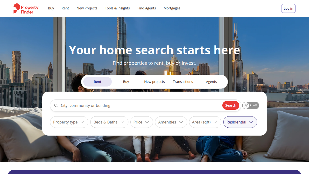 Property Finder is a top platform for finding apartments and studios for rent in Dubai, with detailed filtering options.