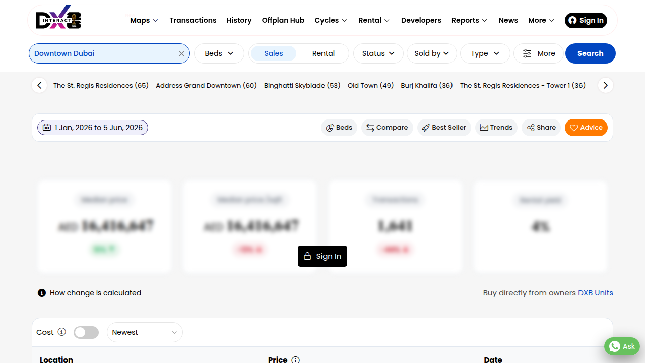Screenshot of DXB Interact's homepage, a platform for Dubai real estate transaction data.