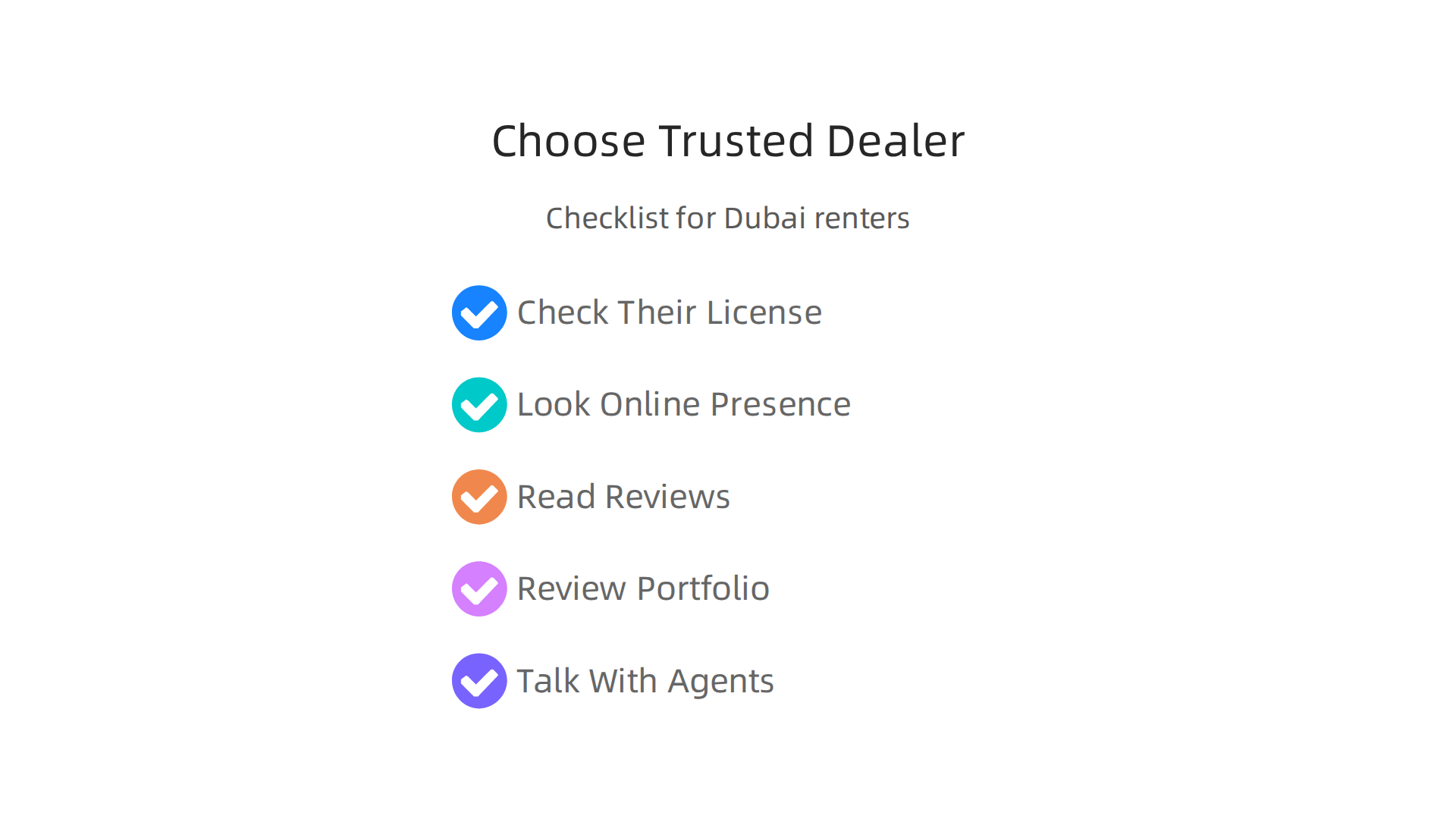 A checklist highlighting crucial steps and considerations for selecting a trustworthy property dealer or leasing service in Dubai.