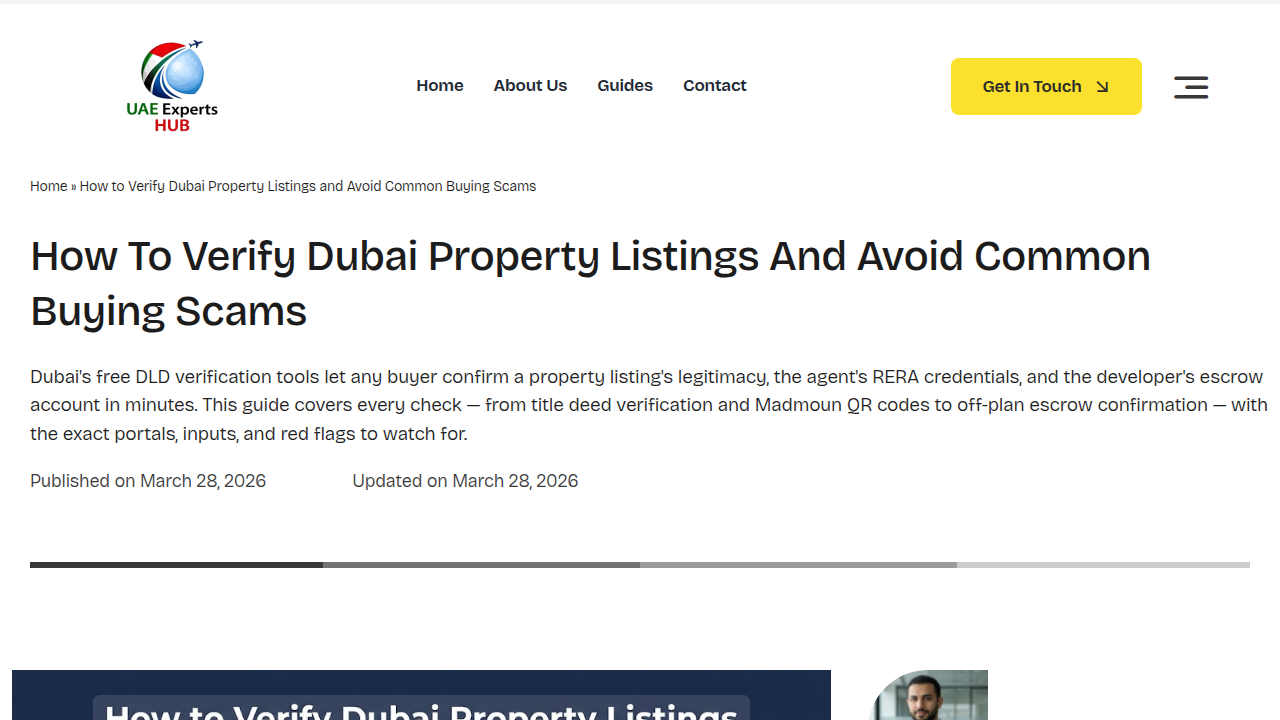 A screenshot from UAE Expert Hub, illustrating a guide on how to verify property listings and agents in Dubai to avoid scams and ensure legitimate transactions.